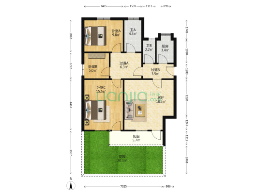 二里牌 3室1厅2卫 89平方