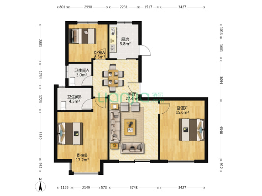 富力十号B区 3室1厅2卫 123平方