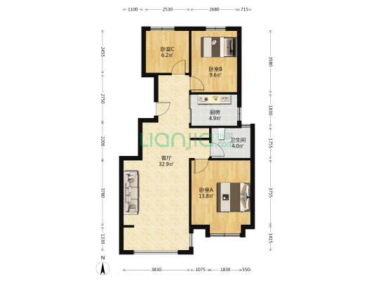 大厂中央公园逸景园悦澜园 3室1厅1卫 94平方