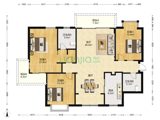 融侨锦江花园A区 3室1厅2卫 137平方