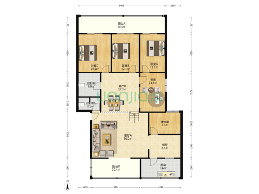 关家公寓 4室3厅2卫 175平方