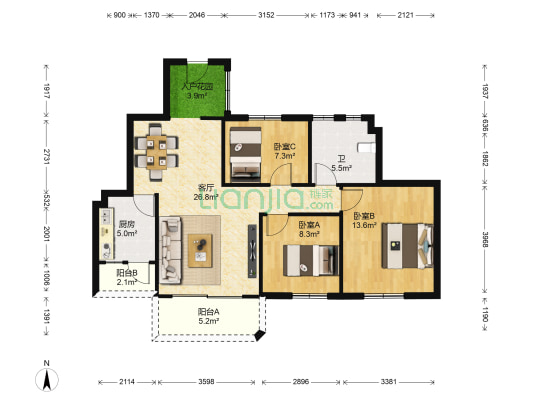 东海名都花园 3室1厅1卫 90平方