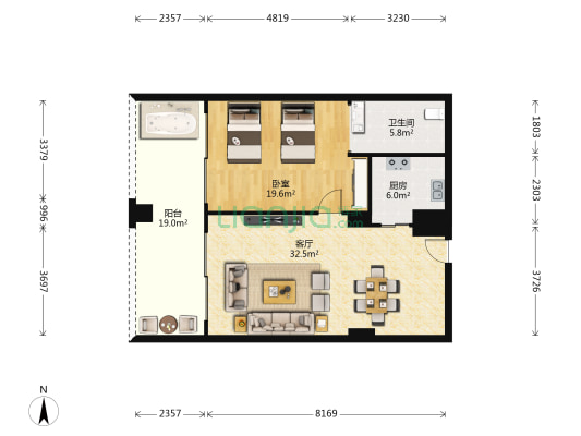 三亚海韵度假酒店 1室1厅1卫 58平方