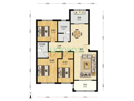 乐天小区二区 3室1厅2卫 120平方