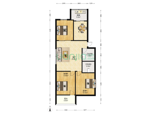 龙旺花园 3室2厅2卫 108平方
