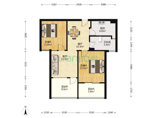先锋大厦 2室2厅1卫 87平方