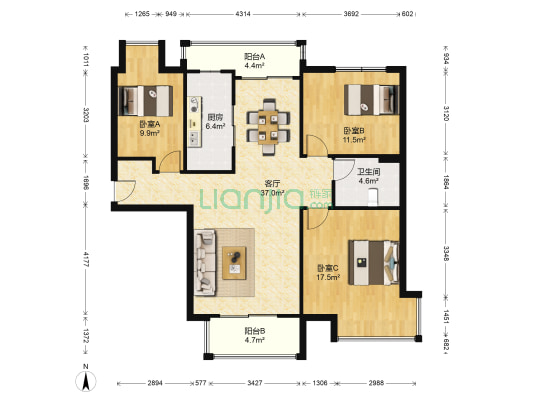 首创隽府 3室1厅1卫 121平方