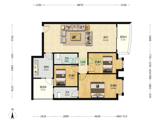 朗日雅居 3室1厅2卫 105平方