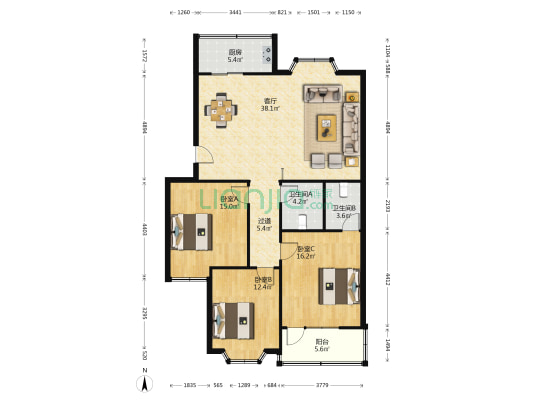 交校路8号 3室1厅2卫 129平方