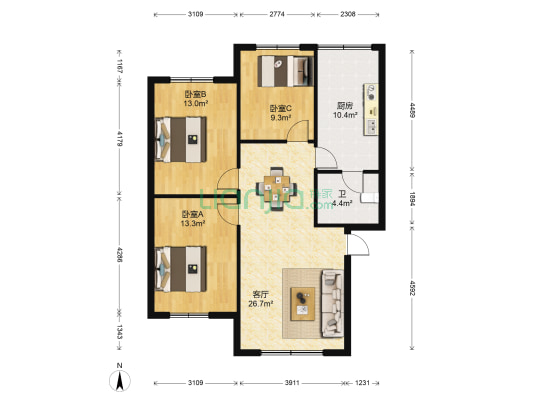 四合院落 3室1厅1卫 100平方