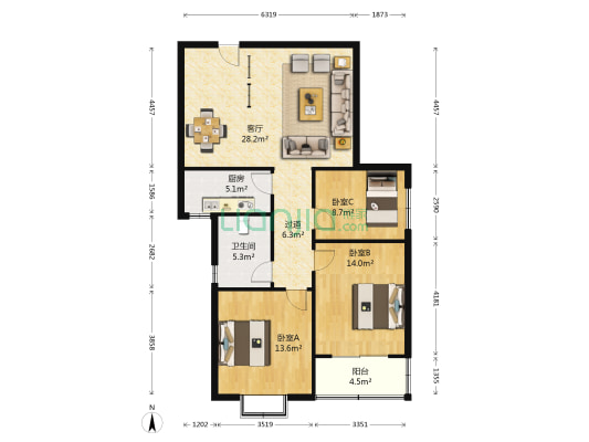 清华紫光园 3室1厅1卫 114平方
