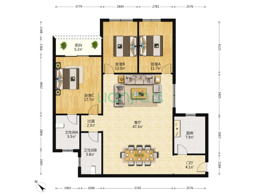 银丰园一区 3室1厅2卫 142平方