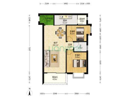 悦龙阁 2室1厅1卫 78平方