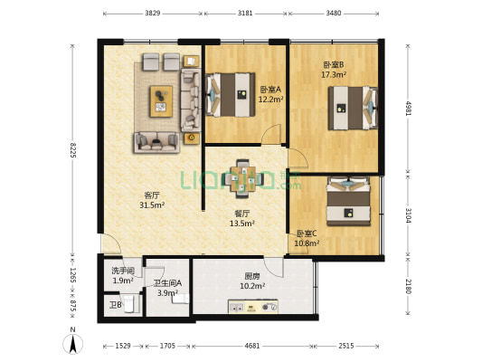 北京小区 3室2厅3卫 128平方