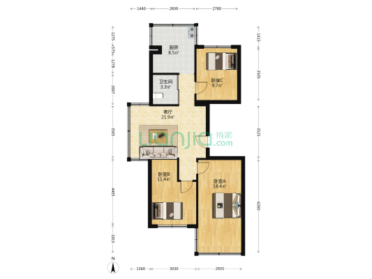 台北阳光小区 3室1厅1卫 97平方