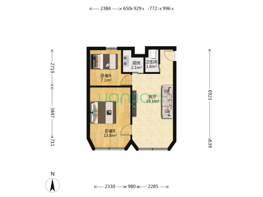 云南大厦 2室1厅1卫 64平方
