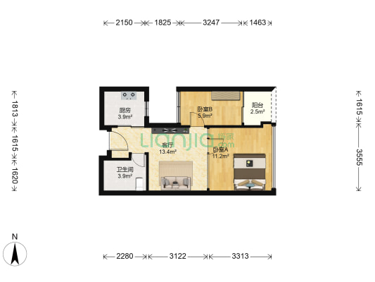 丽湾国际公寓 2室1厅1卫 45平方