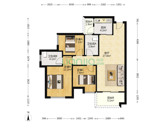 佳兆业东江新城一二期 3室1厅2卫 92平方
