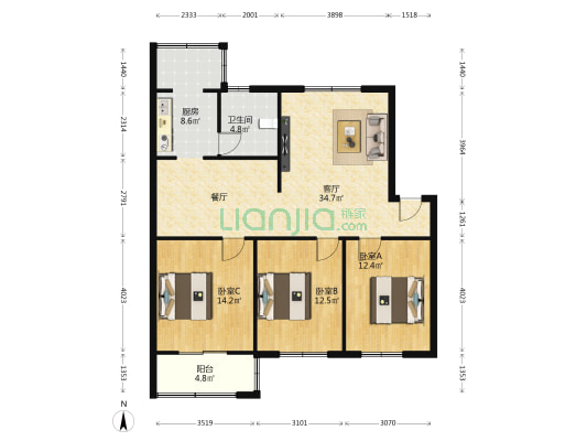 心港假日苑北区 3室1厅1卫 112平方