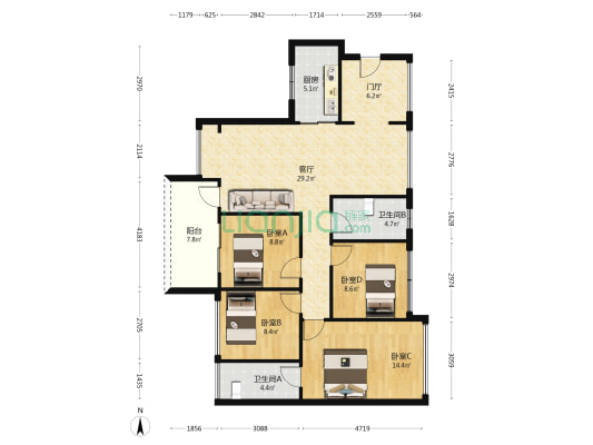 中信凯旋君庭 4室1厅2卫 109平方