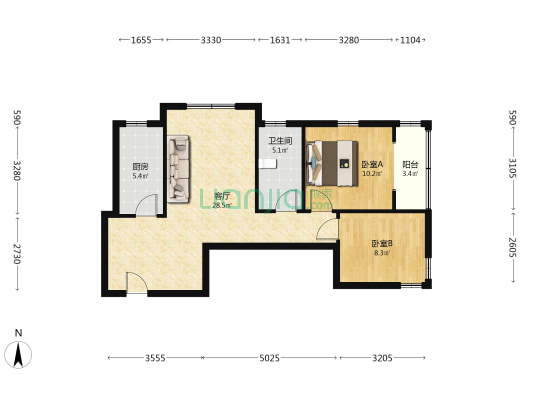 宏远宜居园 精装两居中间楼层 满二 拎包入住-户型图