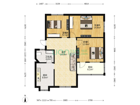 京山花园 3室1厅1卫 89平方