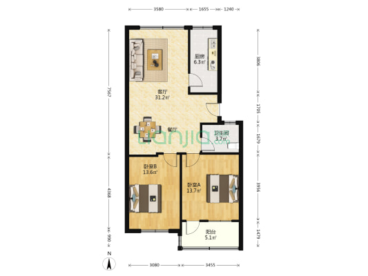 上河崇文花园 2室1厅1卫 86平方