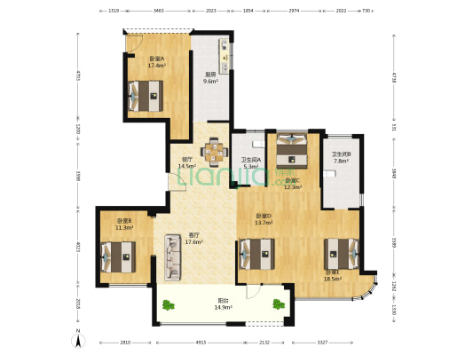 新湖海德花园 5室2厅2卫 143平方