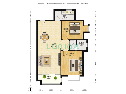 地矿局327队生活区 2室1厅1卫 92平方