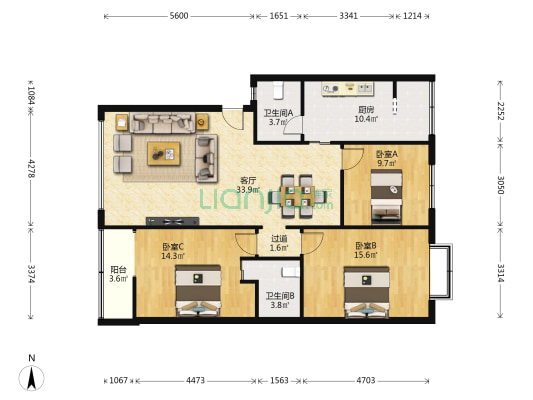 川西家园A区 3室1厅2卫 115平方