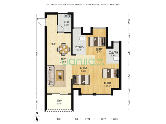 国贸江屿原 3室1厅2卫 89平方