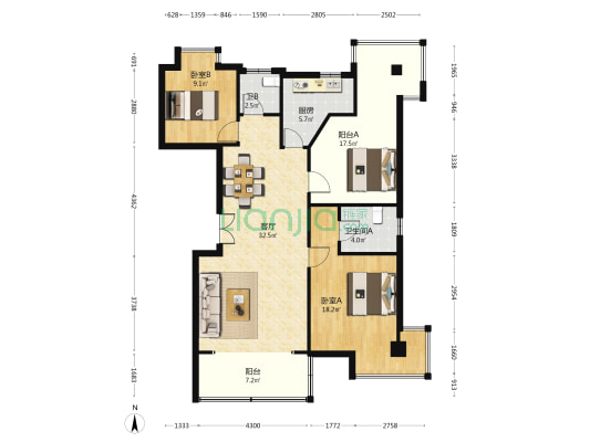 水岸兰庭 2室1厅2卫 129平方