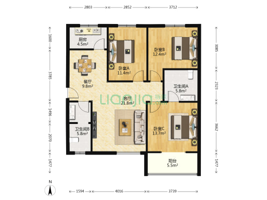 城市蓝湾 3室2厅2卫 121平方