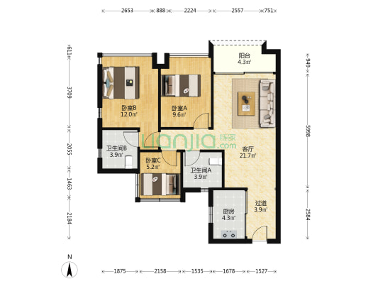 融创翔龙广府一号 3室1厅2卫 87平方
