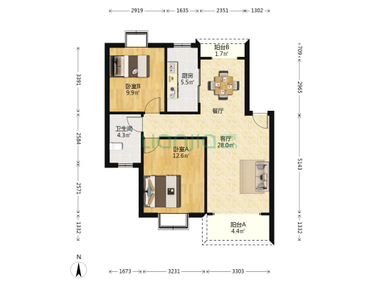 阳光迪金阁 2室1厅1卫 92平方