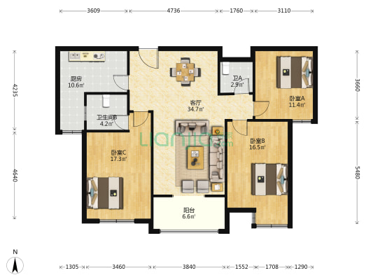 聚福苑 3室1厅2卫 138平方