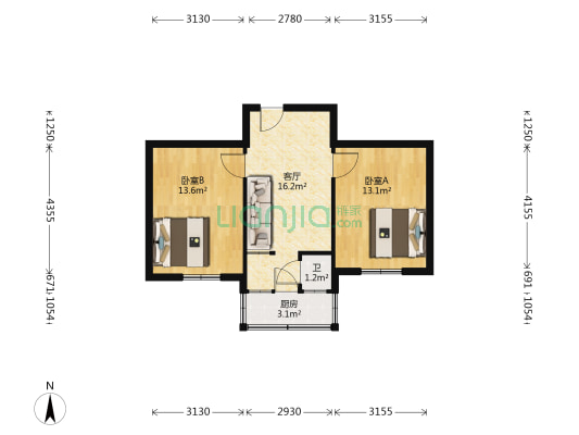 大酒店宿舍 2室1厅1卫 58平方