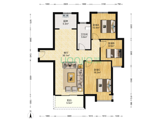 泰宏建业国际城16号院 3室1厅1卫 121平方