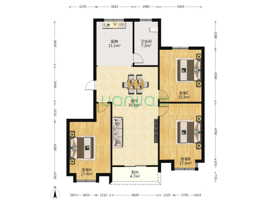 北上海花园A区 3室1厅1卫 133平方