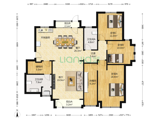 蓝泰海乐府 3室2厅2卫 148平方