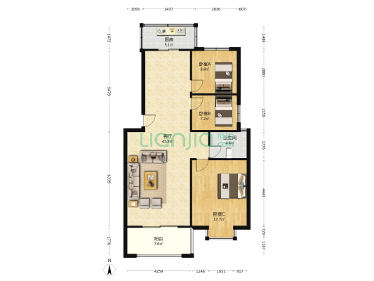 利华家园 3室1厅1卫 108平方