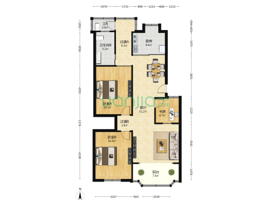 兴国路450弄 3室1厅2卫 113平方