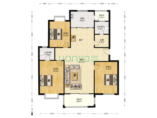 圣城中央花园 3室1厅2卫 163平方