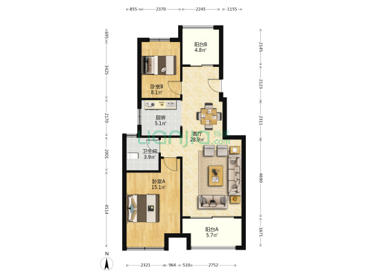 东方公馆 2室1厅1卫 85平方