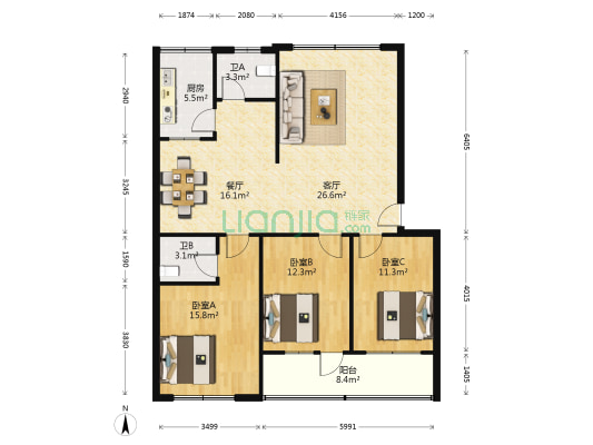 科山西区 3室2厅2卫 124平方