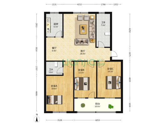 建安粮苑 3室2厅2卫 129平方