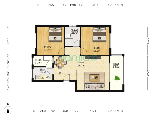 恒达相府3号院 2室1厅1卫 90平方