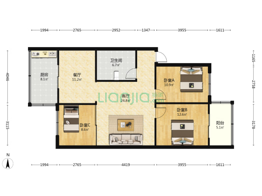 正大小区 3室2厅1卫 109平方