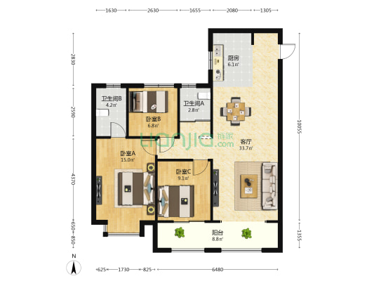 保利和悦华锦 3室1厅2卫 126平方