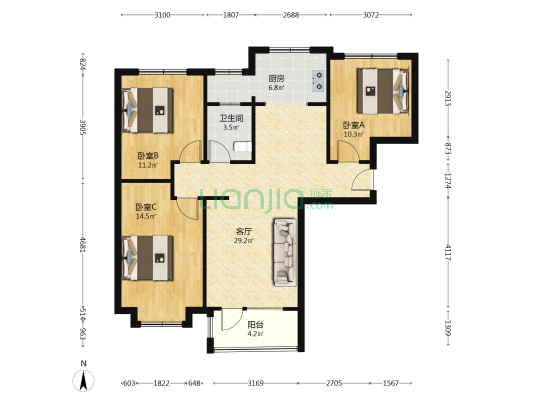 南北通透 大三居 明厨明卫 采光好 央企社区-户型图